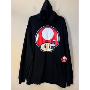 Super Mario Hoodie Men 3XL Black Red Mushroom Graphic Nintendo Pullover NEW